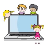 disegno di bambini attorni ad un computer portatile